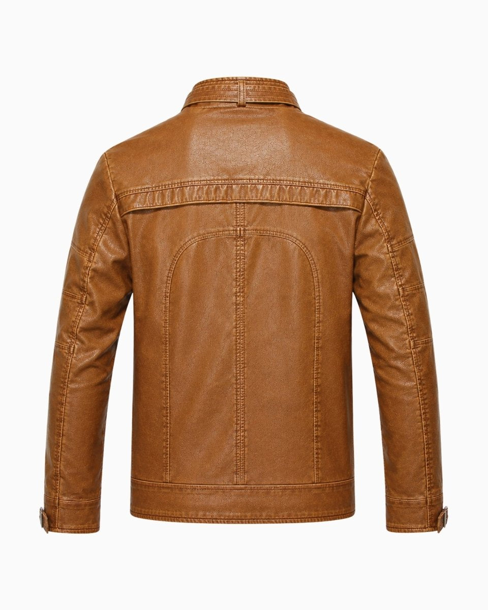 Back flat lay product image of mens light brown cafe racer leather jacket