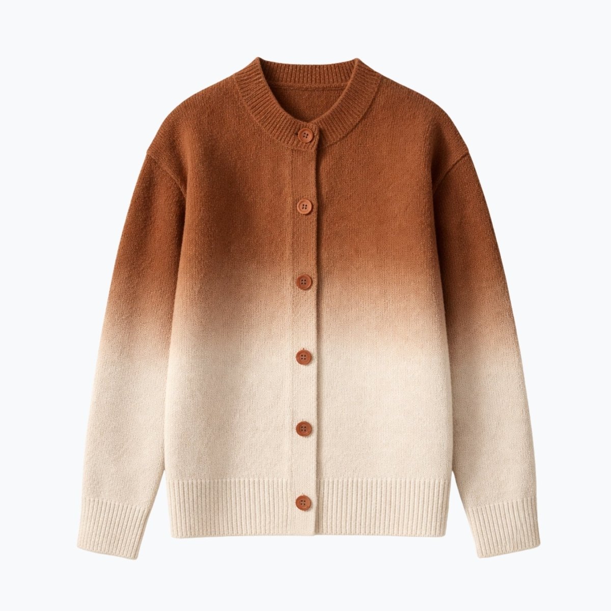 Studio shot of a men's rust khaki fading to cream Theodore button-up cardigan sweater on a white background.