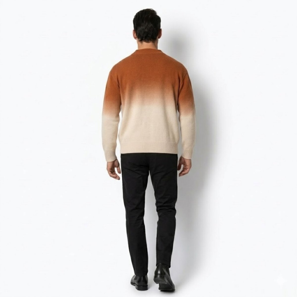 Back view of a man wearing a khaki and beige Theodore knit sweater, showing the seamless gradient color transition.