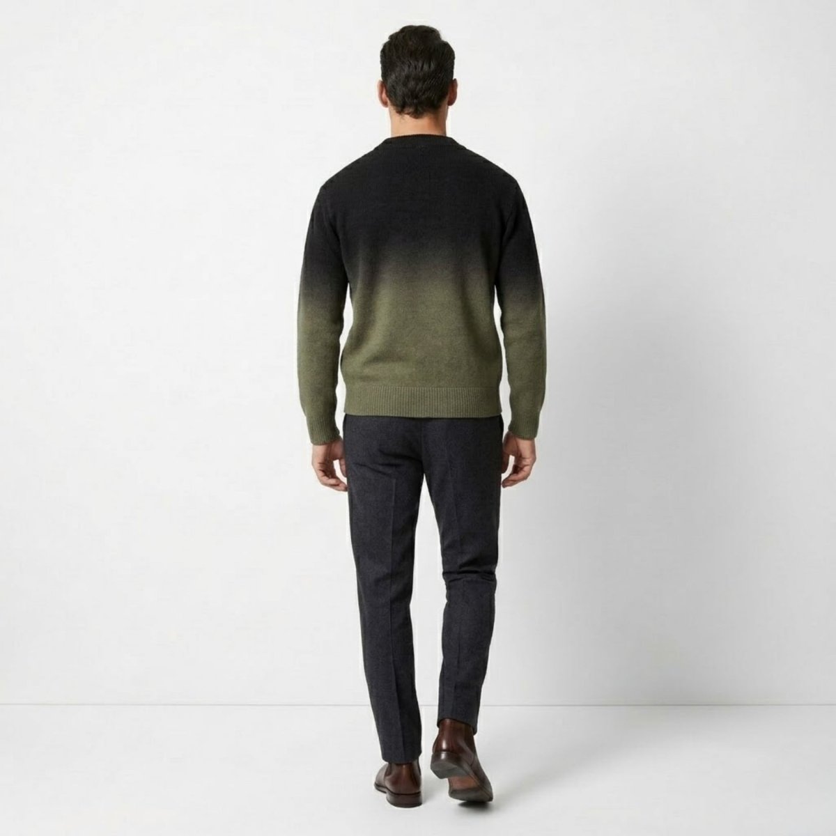 Back view of the Kouvr mens Theodore knit cardigan showing the black to olive green color transition.