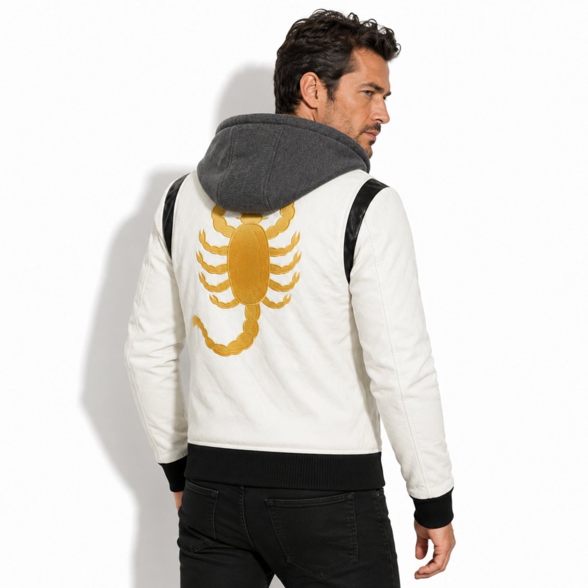 Back view of the Kouvr white hooded leather streetwear jacket featuring detailed gold scorpion embroidery.