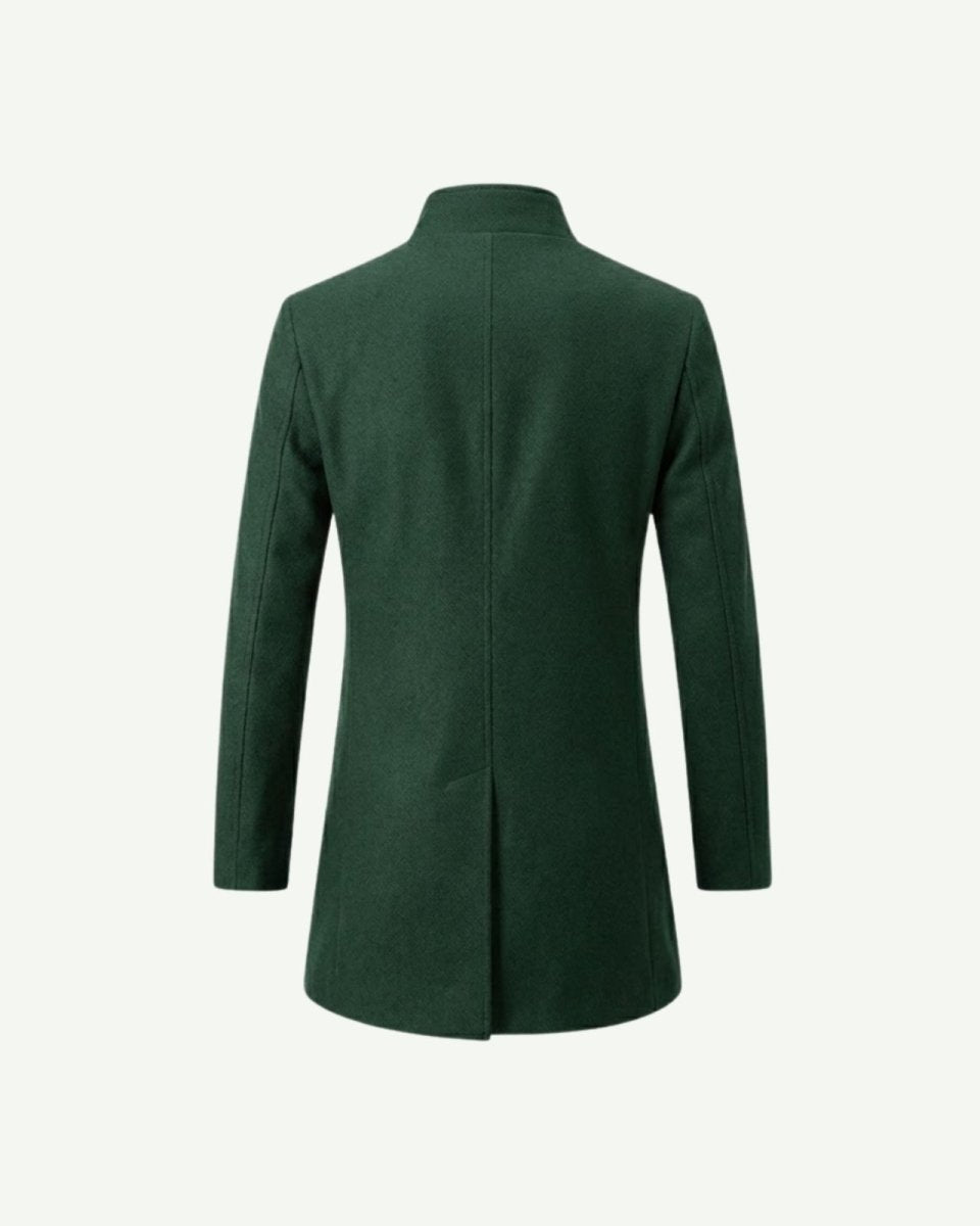 Flat lay of the back of a men's green wool blend car coat, detailing the seam work and single vent construction.