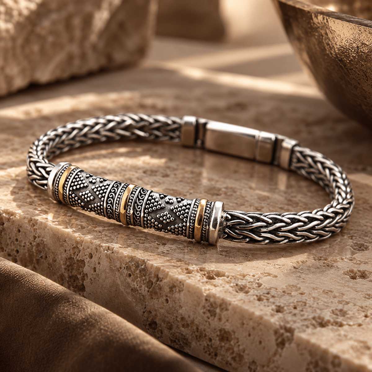 A braided silver-toned bracelet with a decorative cylindrical centerpiece featuring black, silver, and gold-toned bands, resting on a textured beige stone surface.