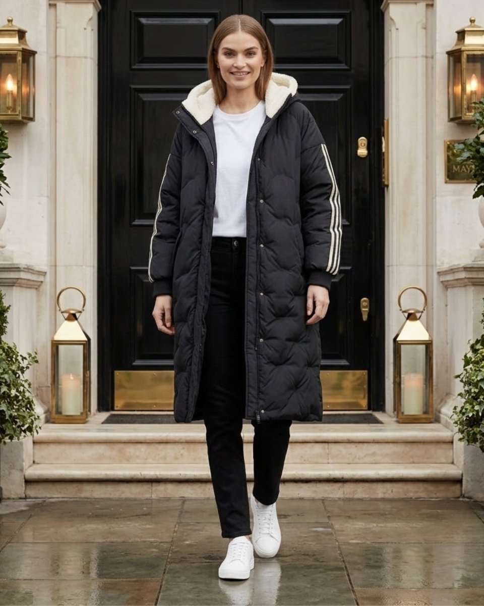 A woman models a long black quilted puffer coat with a cream sherpa-lined hood and white stripes down the sleeves, standing in front of a black front door.