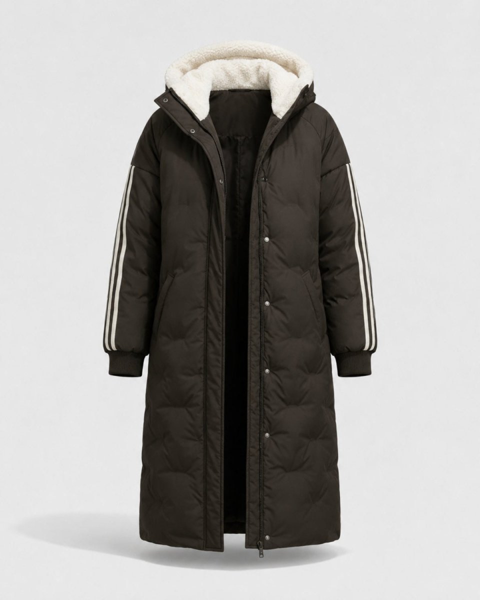 A long black puffer coat with a white sherpa-lined hood and white three-stripe detailing on the sleeves, shown against a light gray background.