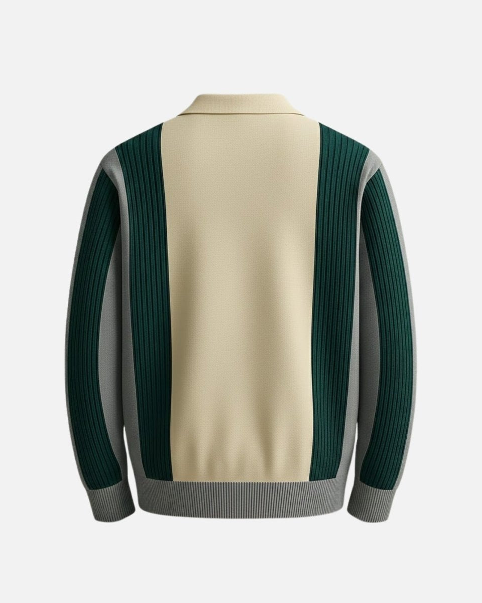 Flat lay product shot of the back of the merino wool long sleeve polo sweater.