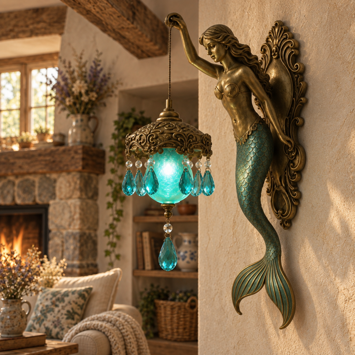 Decorative bronze mermaid wall sconce featuring a glowing turquoise lantern mounted in a cozy living room next to a fireplace.