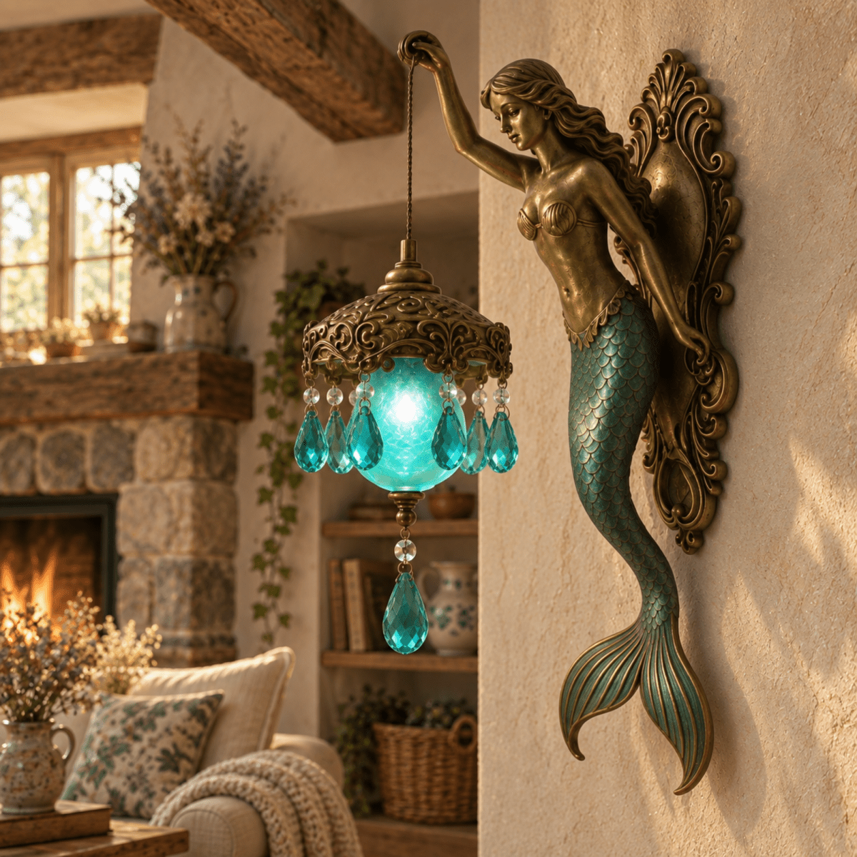 Decorative bronze mermaid wall sconce featuring a glowing turquoise lantern mounted in a cozy living room next to a fireplace.