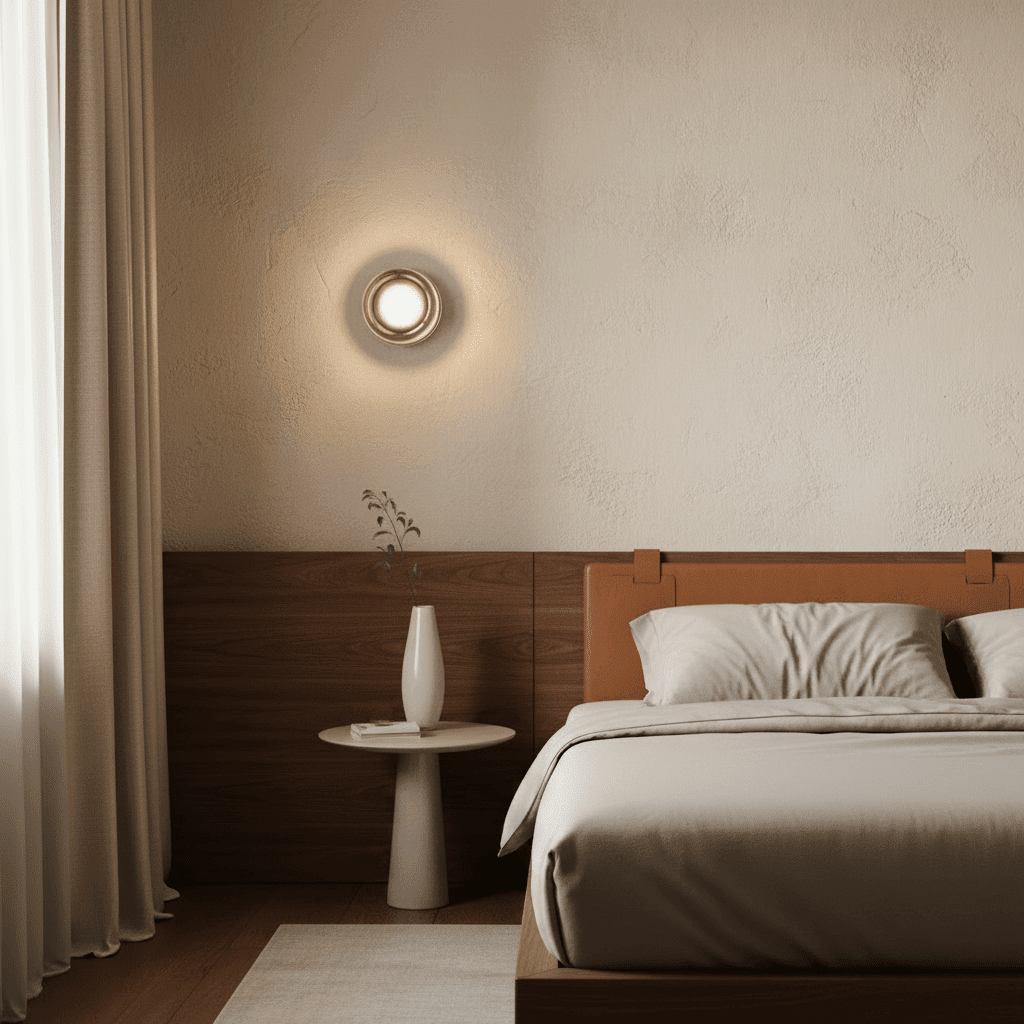 A modern circular glass sconce mounted above a bedside table in a minimalist neutral-toned bedroom with a leather headboard.