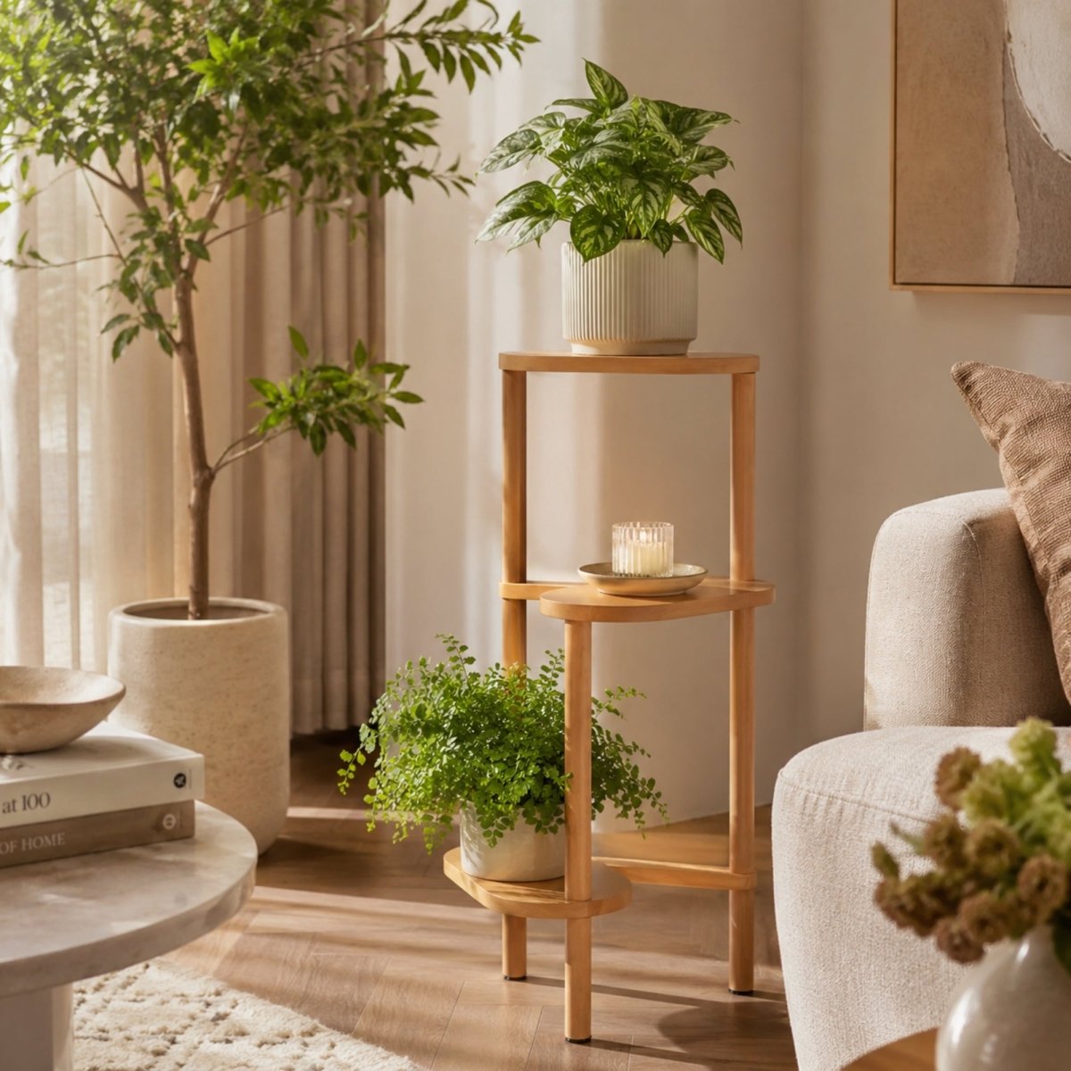 Styling a modern wooden tiered plant stand with a decorative glass candle and trailing greenery next to a cozy neutral sofa.