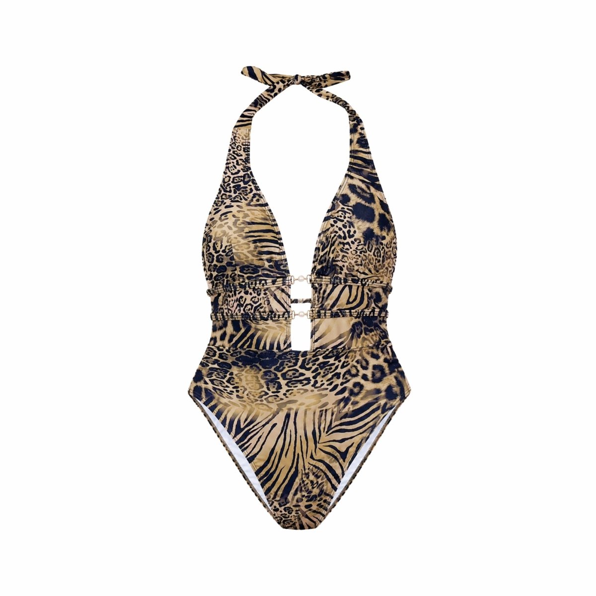 Front product view of the Kouvr mixed animal print plunging V-neck one piece swimsuit highlighting the gold ring hardware and fabric pattern.
