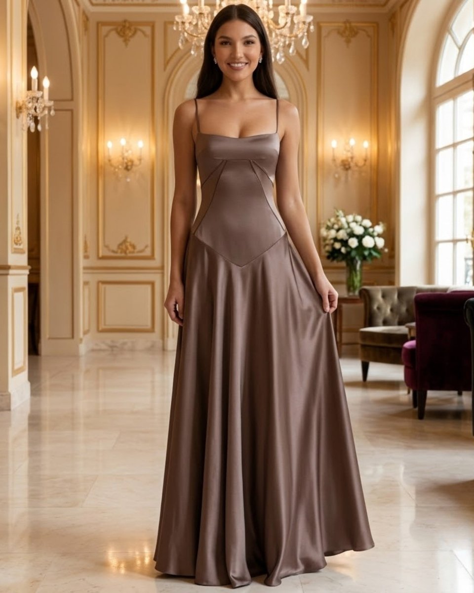 A woman wearing a floor-length satin bridesmaid dress in a warm taupe-brown color, standing in an elegant, classic ballroom with gold-trimmed walls and crystal chandeliers.
