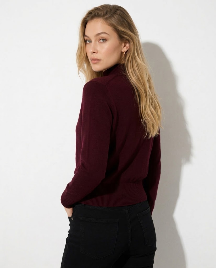 A woman with blonde hair is shown from a side-back angle wearing a dark burgundy mock neck knit sweater and black pants against a white wall.
