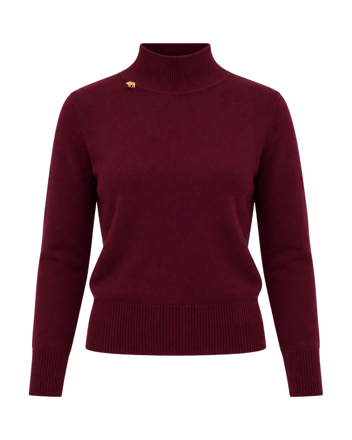 A burgundy knit mock neck sweater with a small gold animal logo on the left chest, displayed on a clean white background.