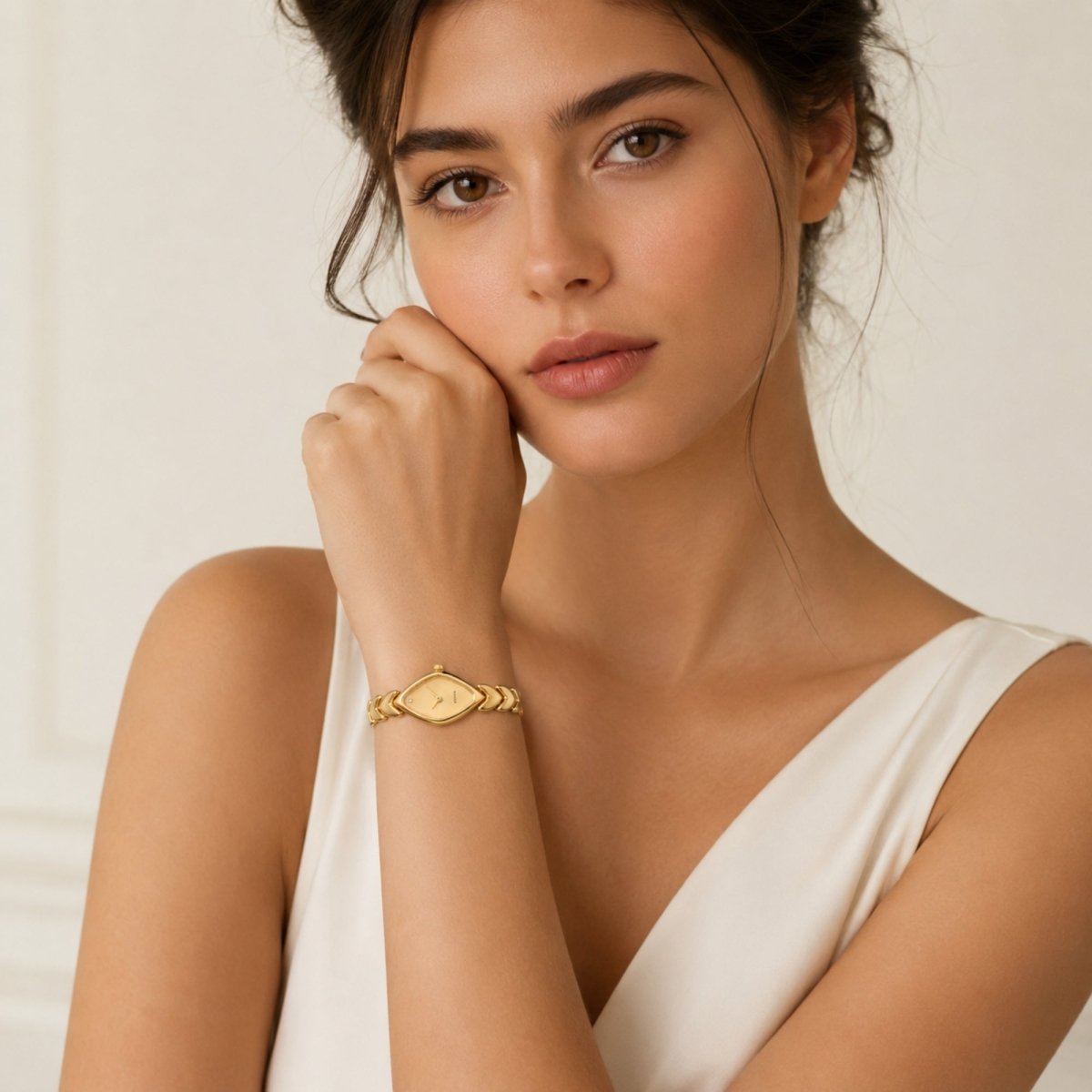 Elegant female model wearing the Kouvr petite gold jewelry watch showcasing vintage style and sophisticated daytime styling