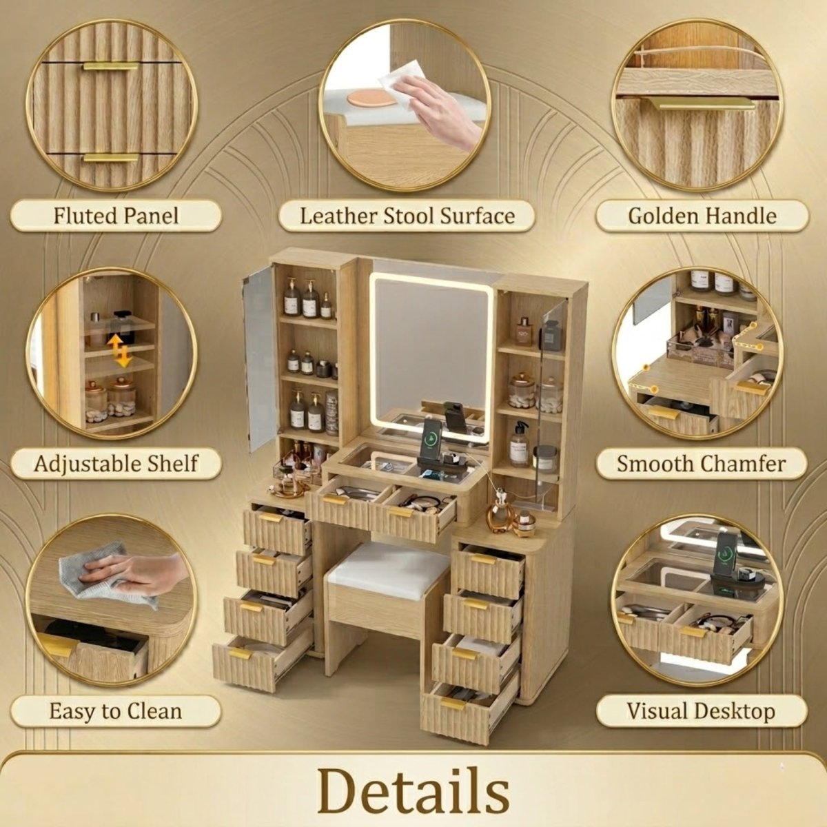 Infographic showing a fluted wood vanity with 7 drawers, adjustable shelves, gold handles, and a visual glass desktop.