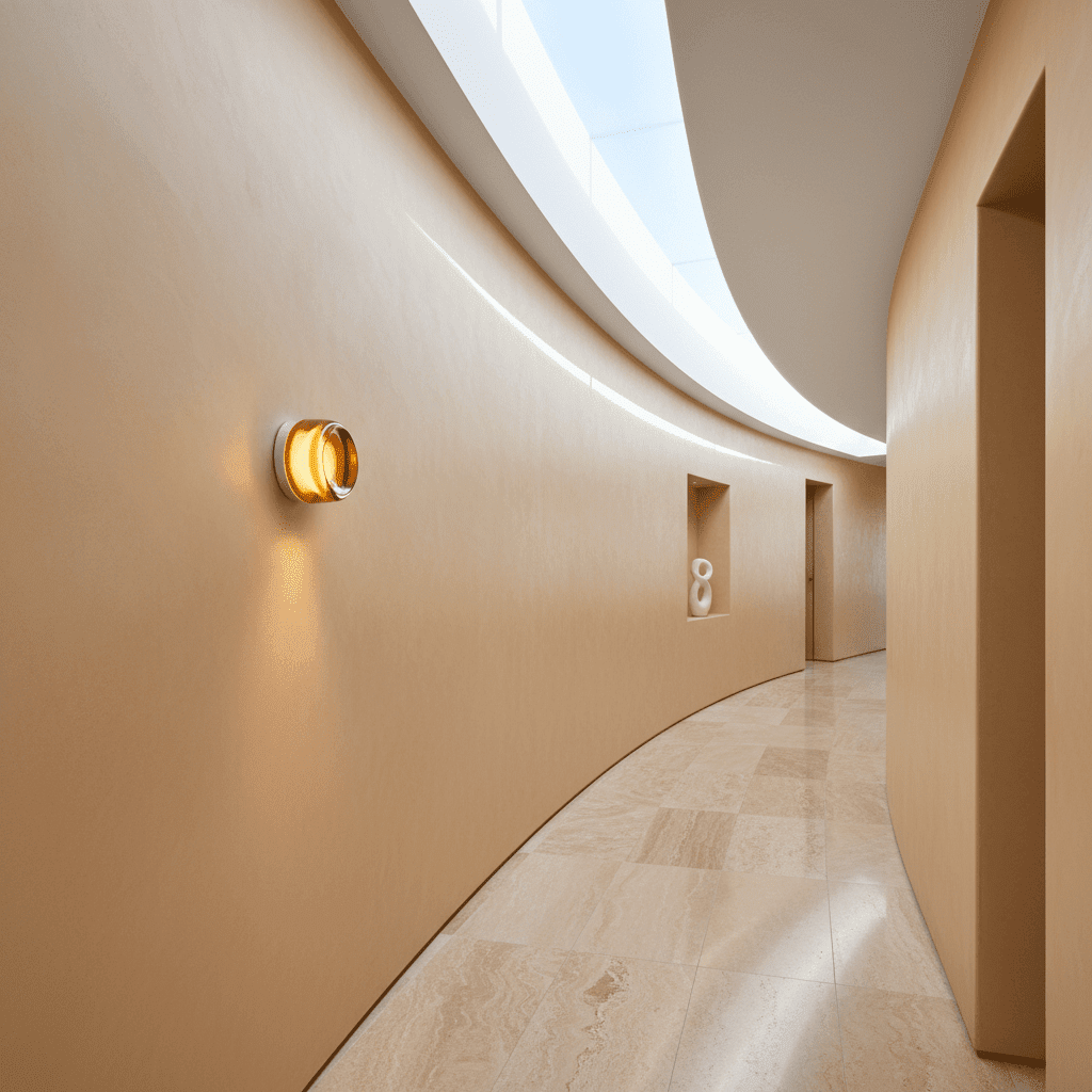 A circular glass wall light illuminating the landing of a minimalist floating wooden staircase in a modern, bright home.