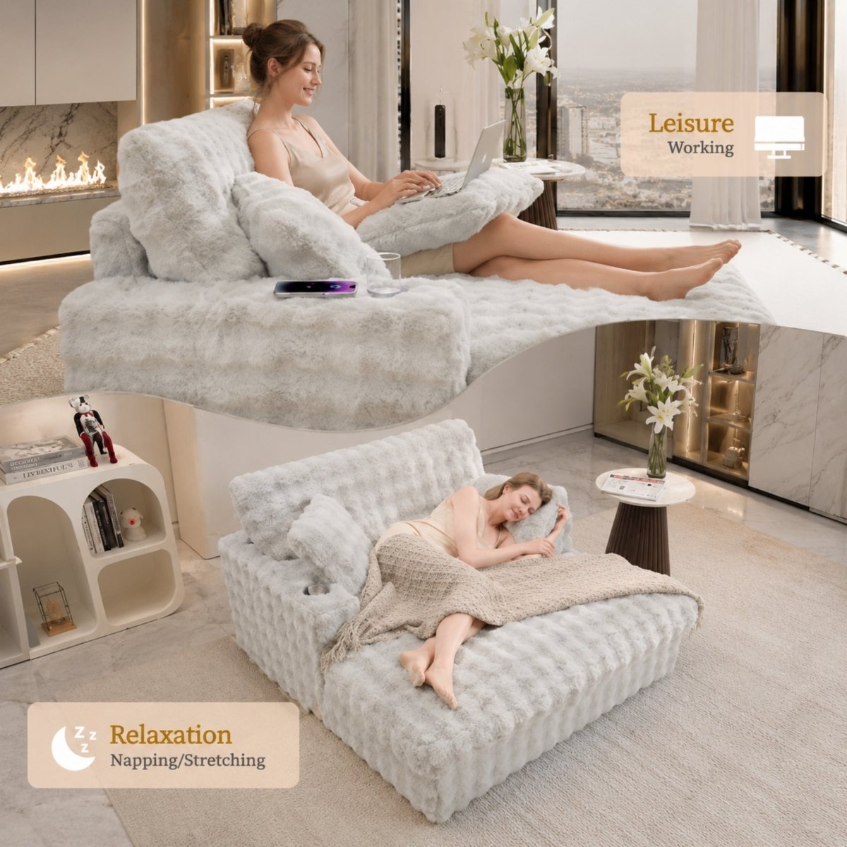 Dual lifestyle image demonstrating a woman comfortably working on her laptop and taking a relaxing nap on the oversized lounge chair