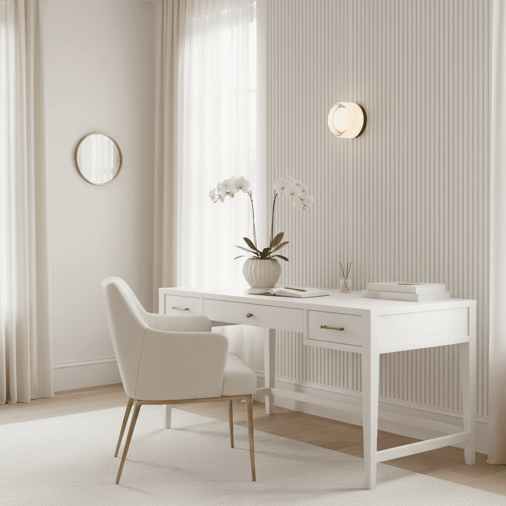 Minimalist white home office desk setup featuring a circular glass wall light mounted on a white fluted accent wall.