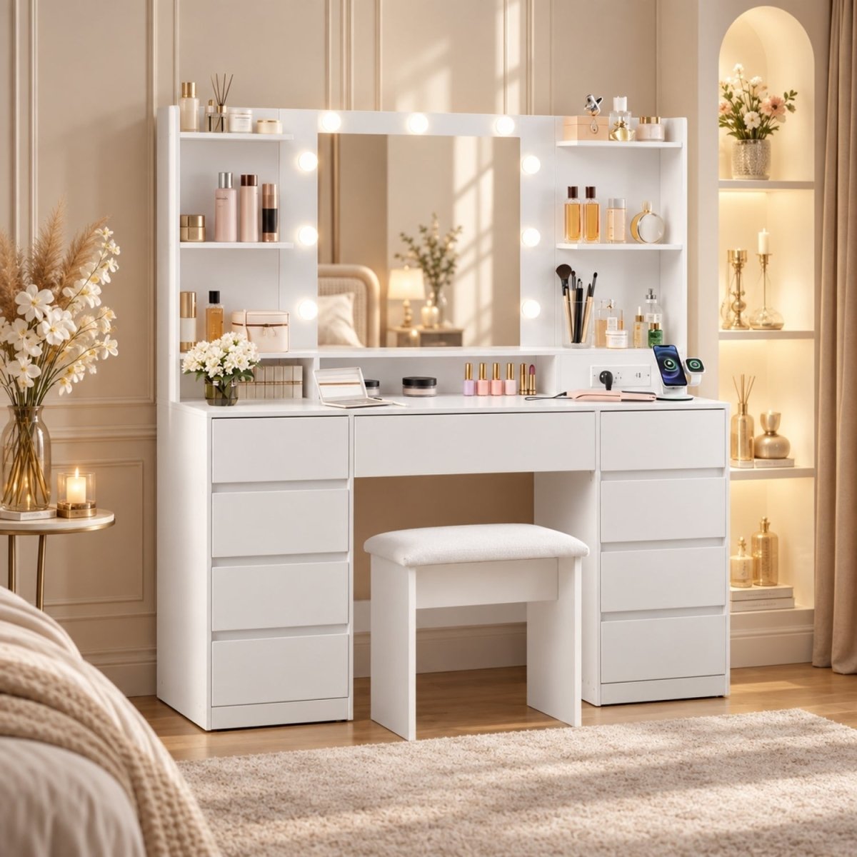 A white vanity table set with an integrated mirror, built-in shelves, round vanity lights, a matching white stool, and multiple drawers, styled in a warm beige bedroom interior.