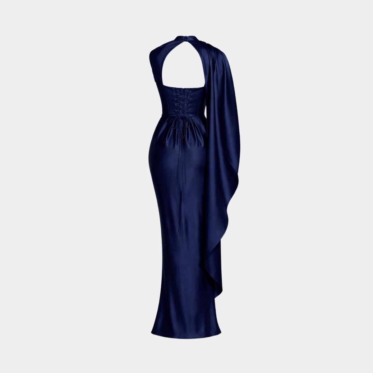 Studio ghost mannequin back view showing the corset tie up detail on the navy blue formal dress.