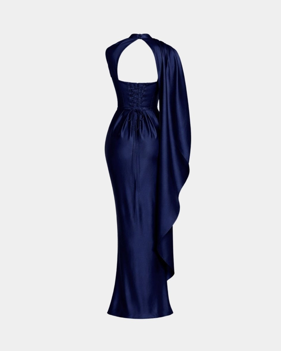 Studio ghost mannequin back view showing the corset tie up detail on the navy blue formal dress.