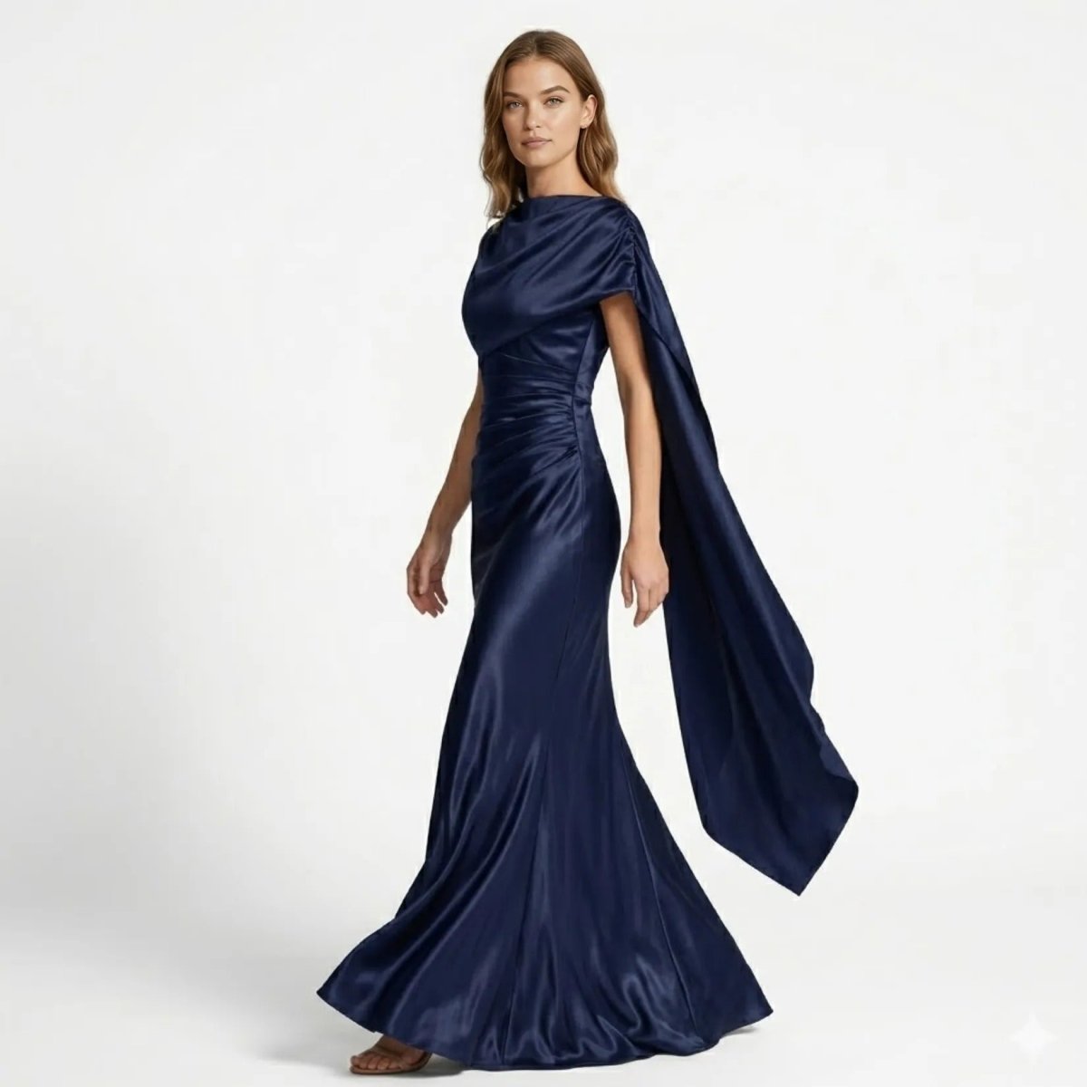 Side profile of Kouvr navy blue floor length satin gown showing dramatic cape sleeve flowing to the floor.