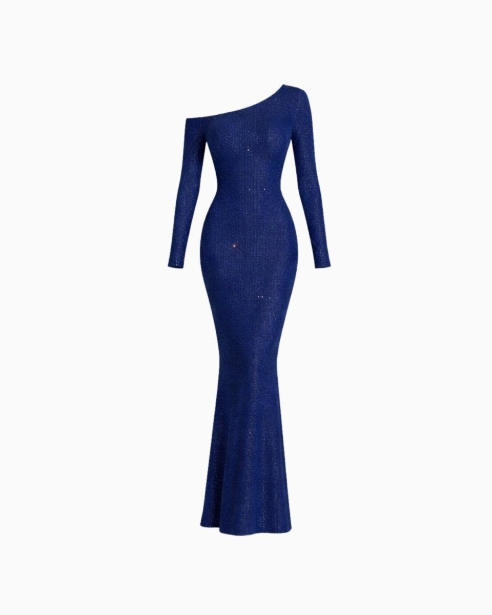 Product shot of the navy blue sequin long sleeve formal dress showcasing the bodycon to mermaid silhouette.