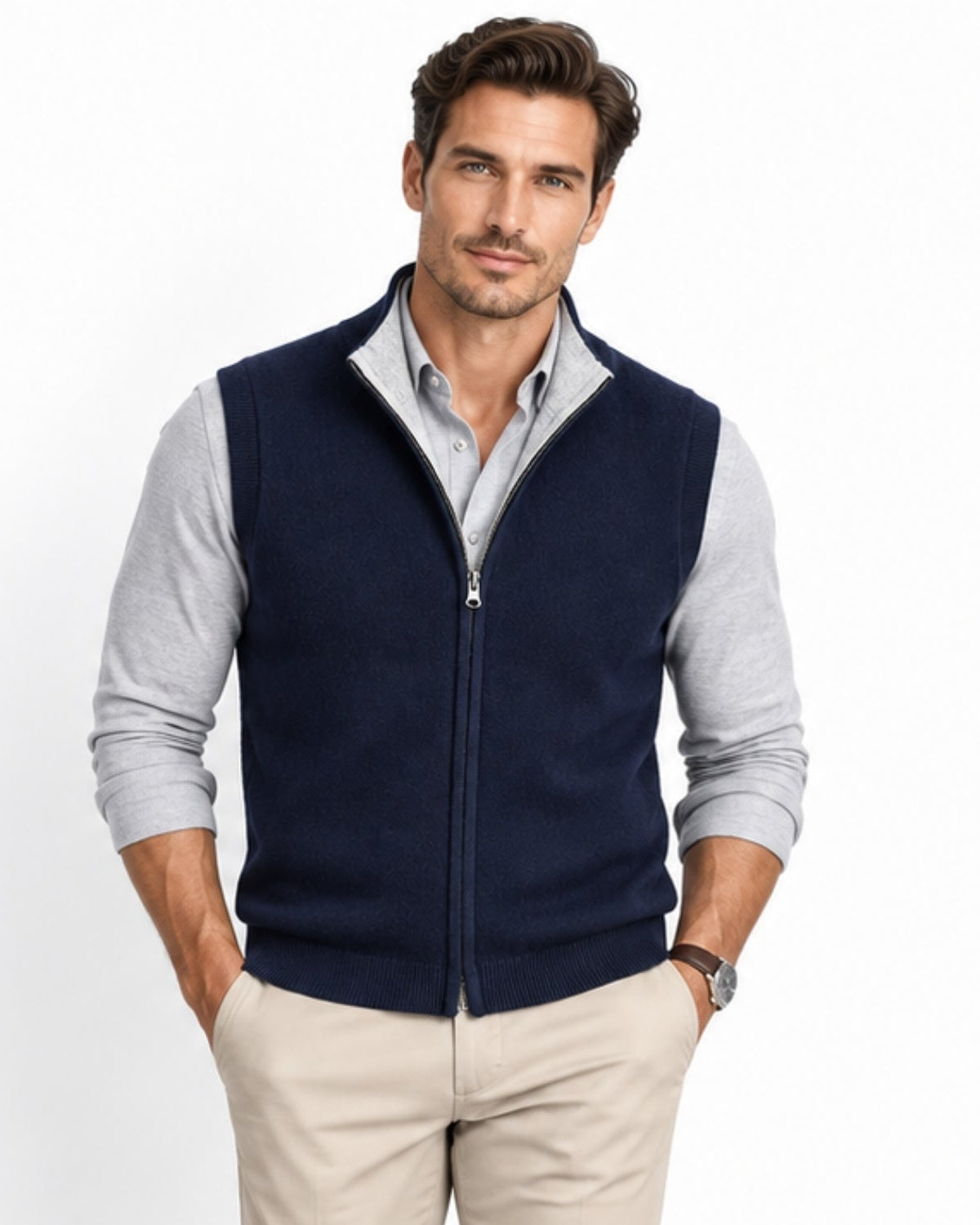 Handsome man wearing a navy luxury full zip cashmere blend sweater vest layered over a light grey shirt with hands in pockets.