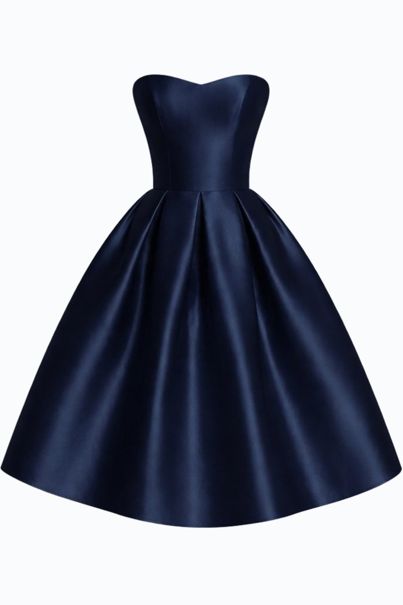 High quality product shot of navy satin sweetheart A-line tea length formal dress.