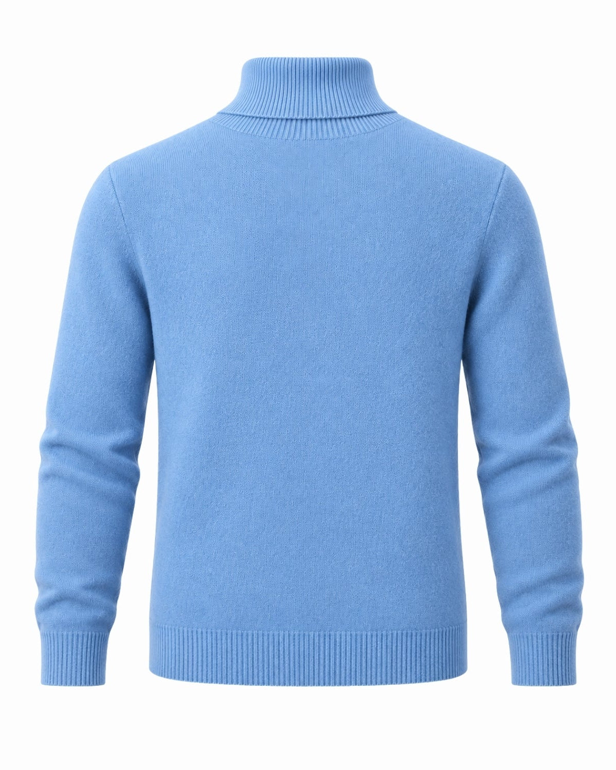 A light navy knit turtleneck sweater shown from the back, featuring a ribbed collar, cuffs, and hem, set against a plain white background.