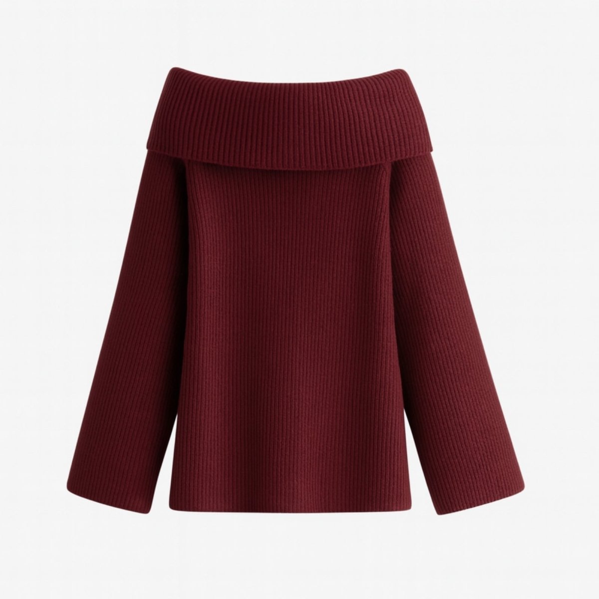 Burgundy off-shoulder sweater on a light gray background