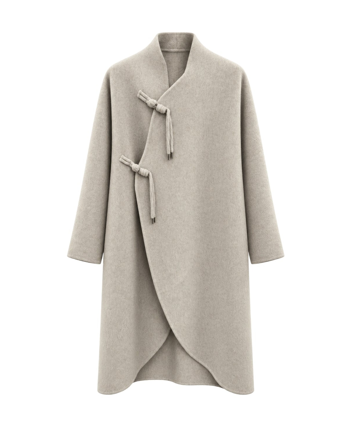 A light beige wrap-style coat with three-quarter sleeves and traditional Chinese frog closures, displayed on a solid white background.