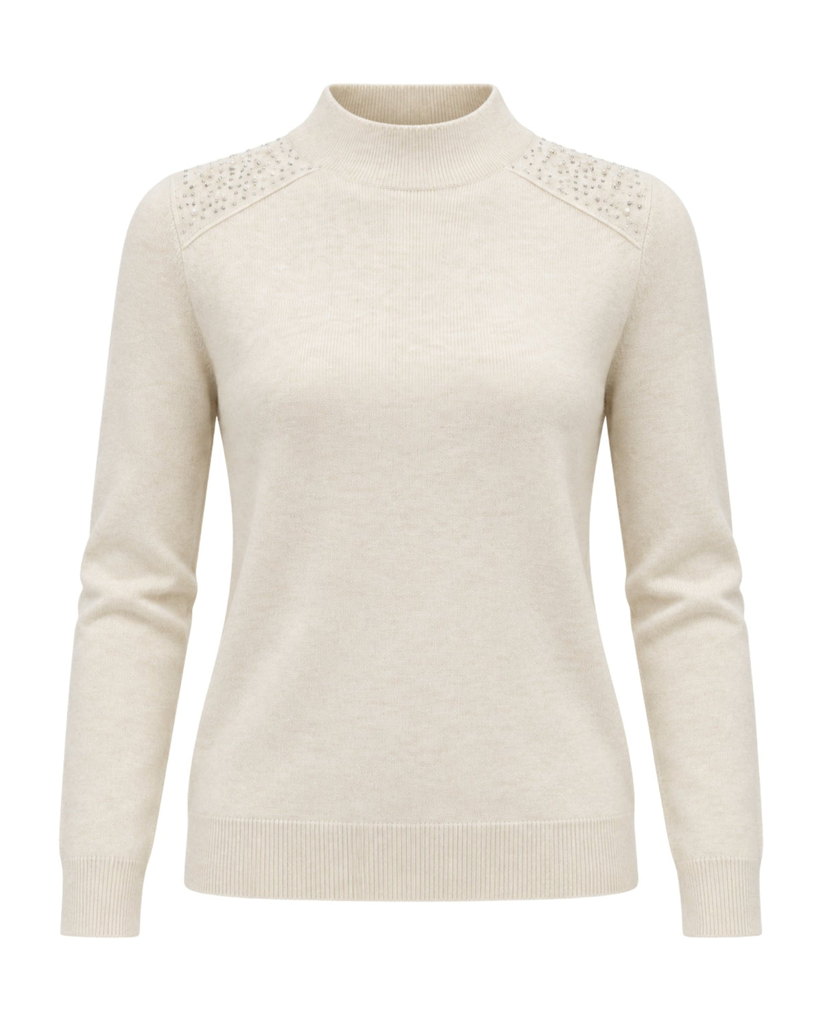 A cream-colored knit mock neck sweater with textured lace detailing on the shoulders, shown on a plain white background.