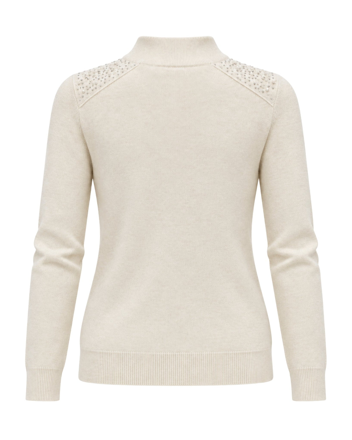 A cream-colored knit sweater with textured beaded shoulder details, shown from the back on a plain white background.