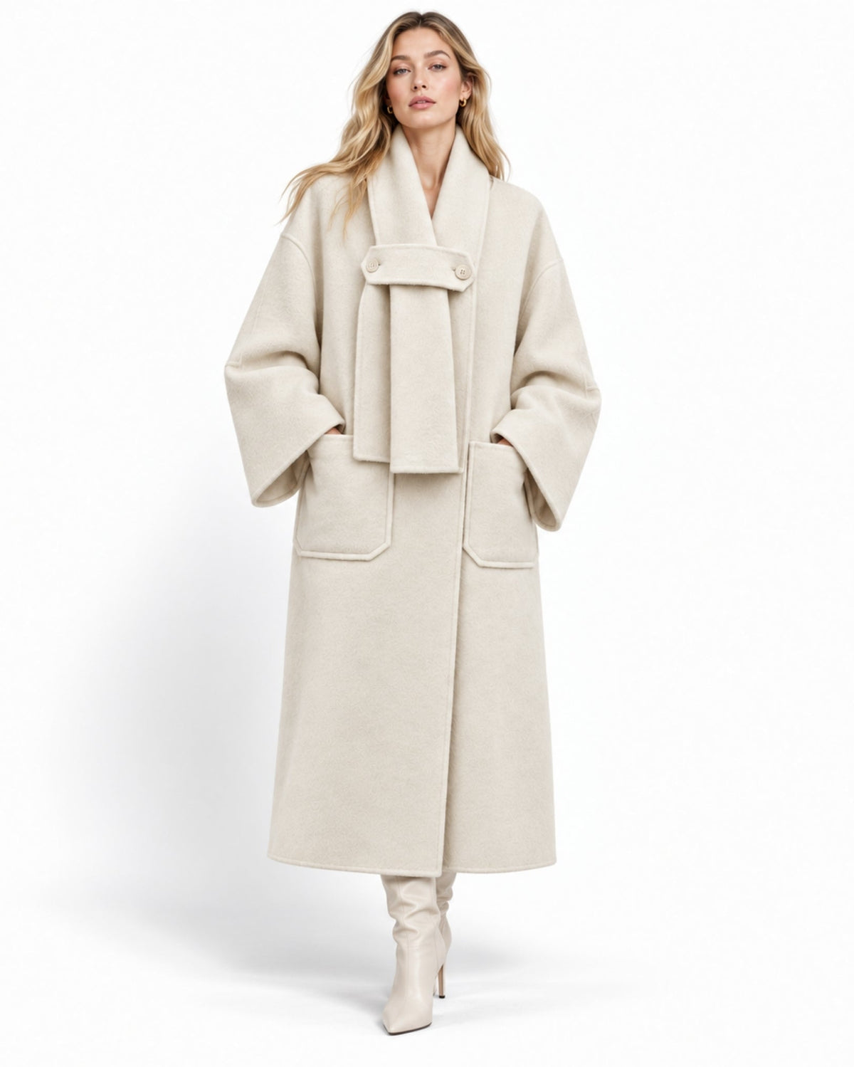 A woman modeling a long, wide collar wrap coat in a light cream or off-white color, paired with matching cream heeled boots, against a plain white studio background.