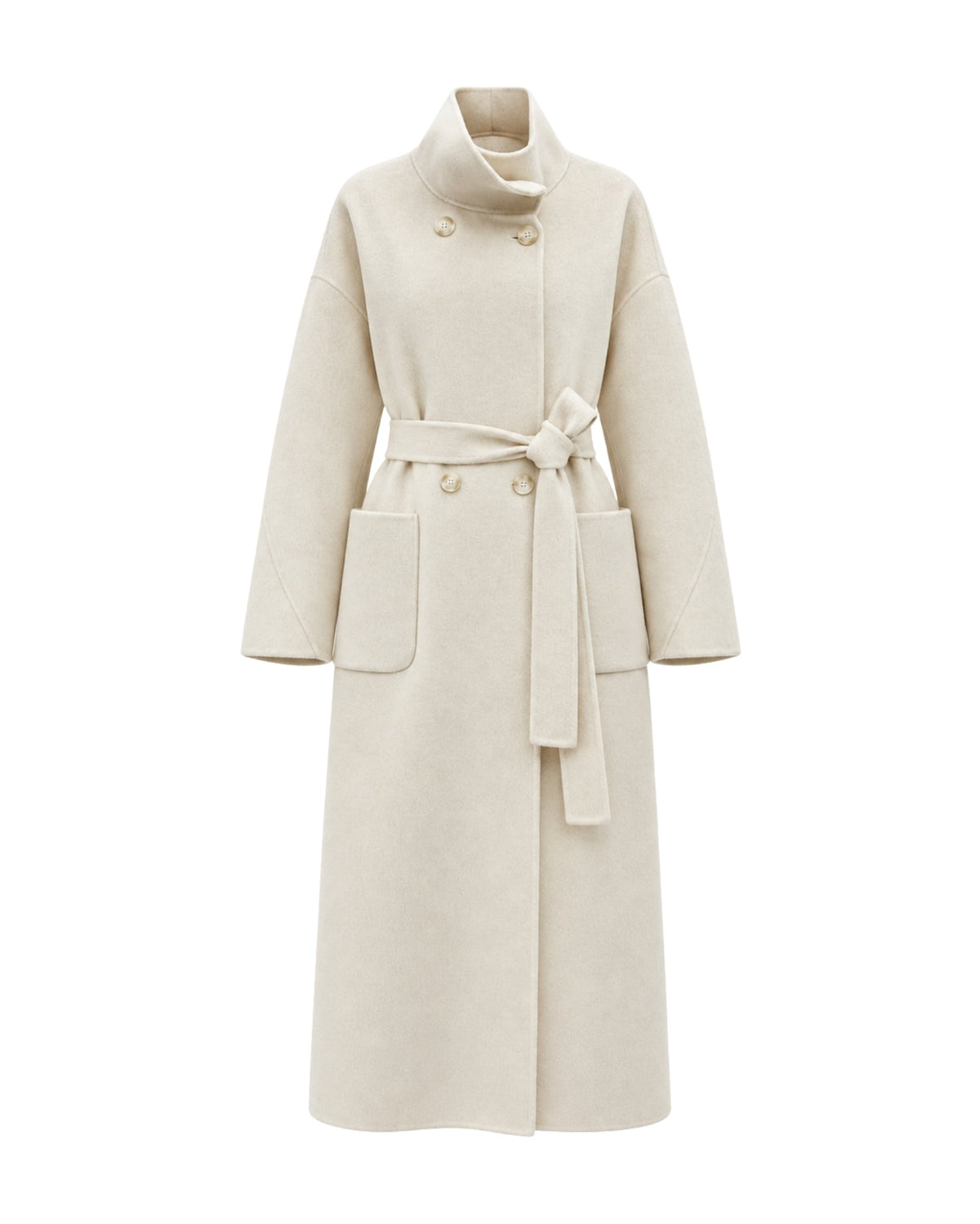 A long cream-colored wool coat with a high stand collar, double-breasted buttons, a matching waist tie belt, and large front patch pockets, shown against a plain white background.