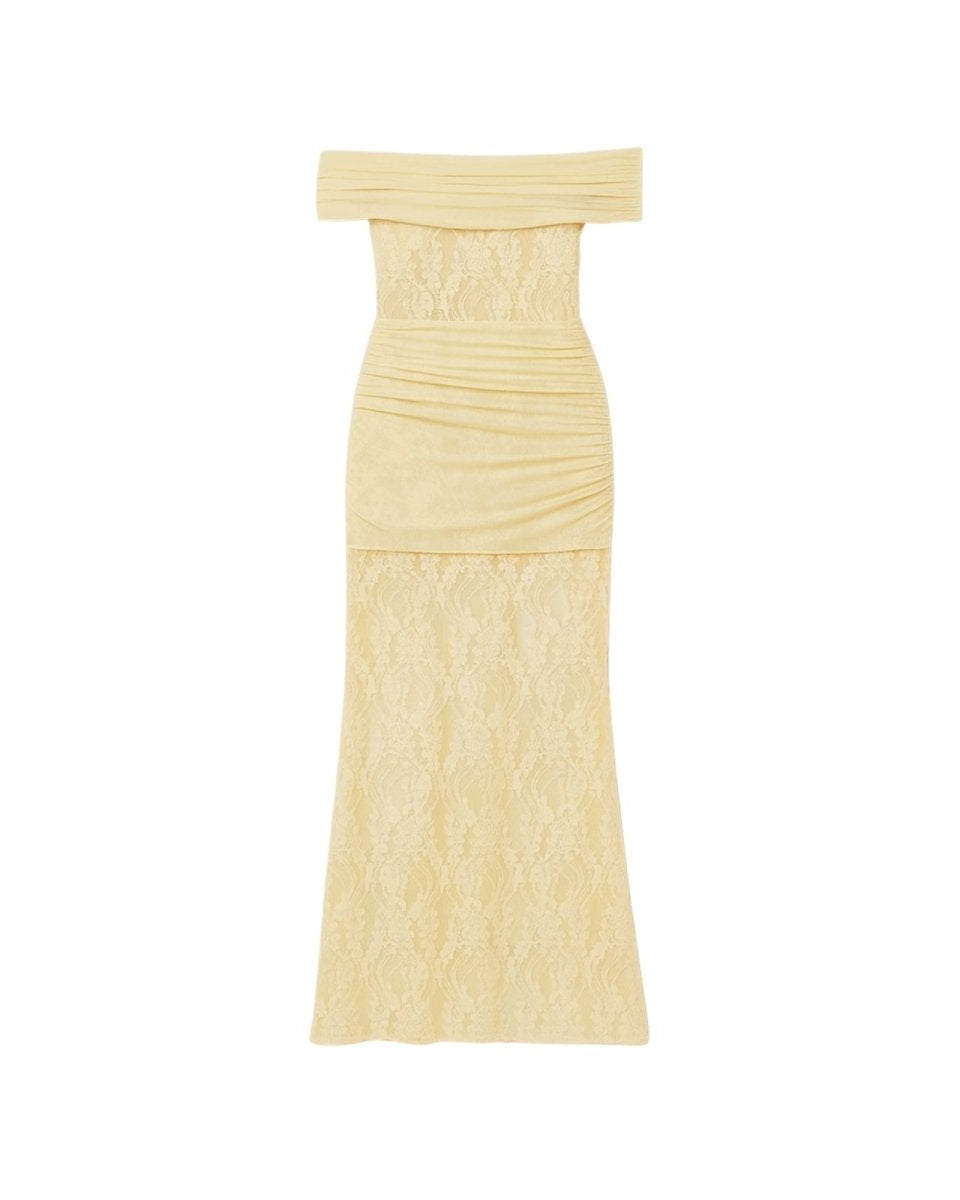 yellow Fenlo off-shoulder dress on a white background