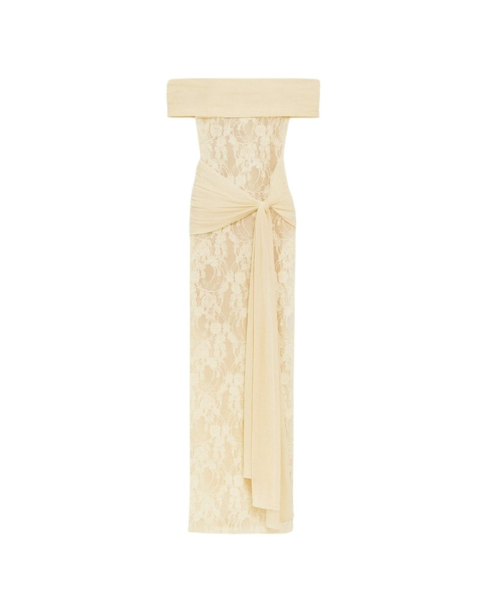 yellow Fenlo lace dress on a white background