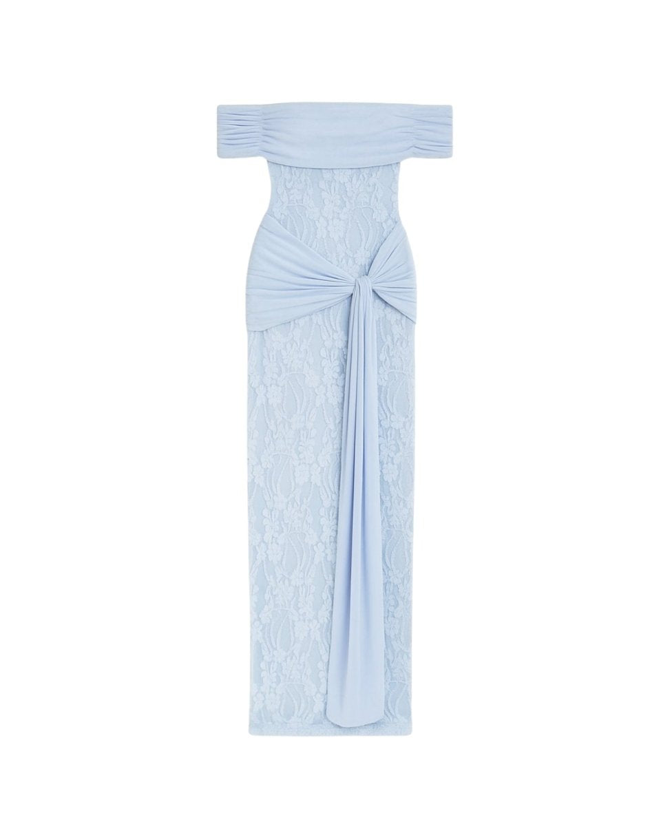 Light blue Fenlo off-shoulder dress with a knot detail on a white background