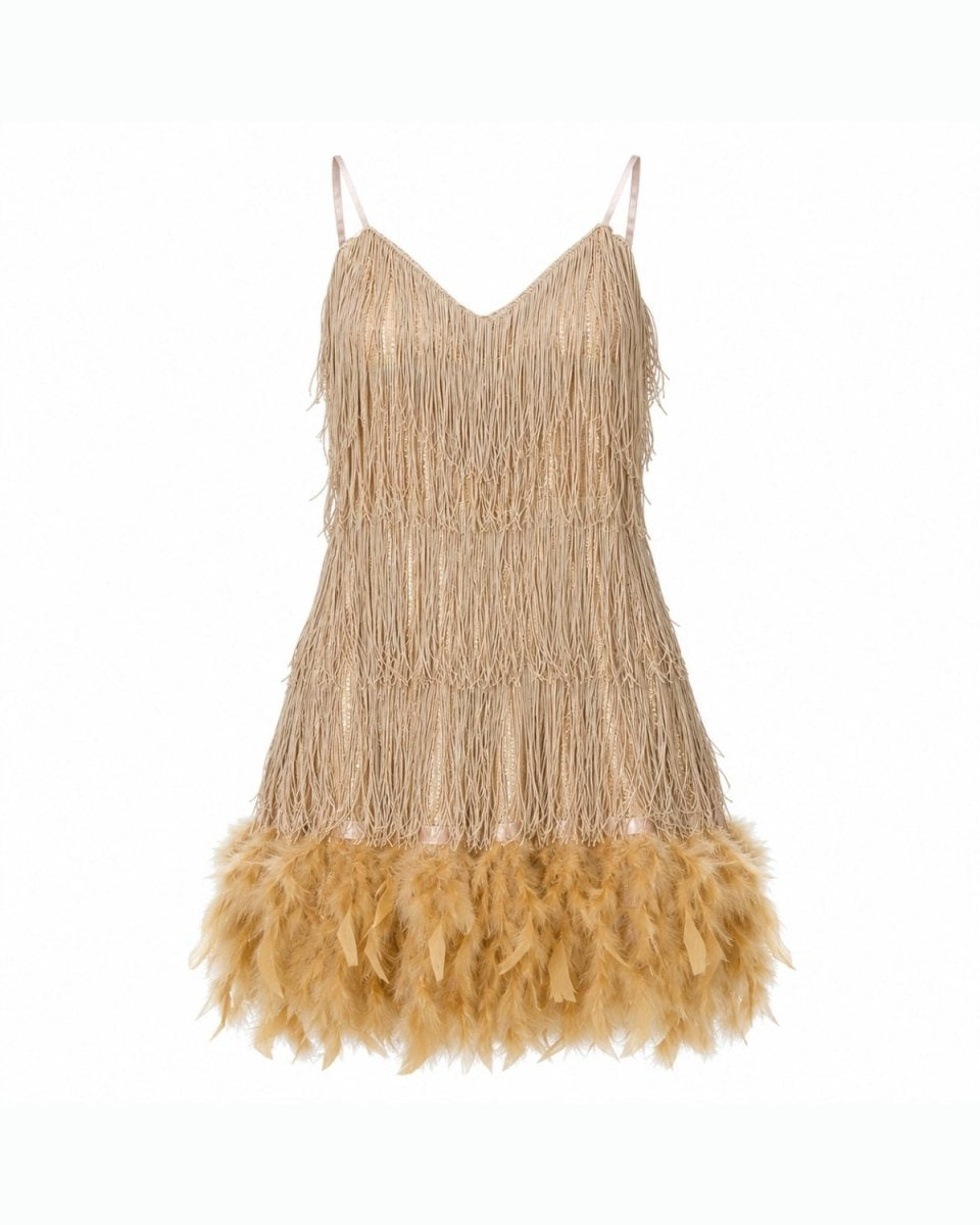 A beige fringed spaghetti-strap mini dress with a feathered hem, displayed against a solid white background.