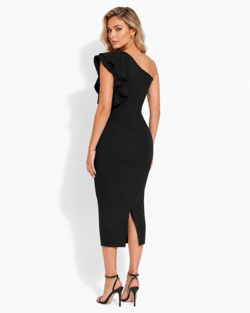 Back view of black fitted midi dress featuring center back slit and concealed zipper closure
