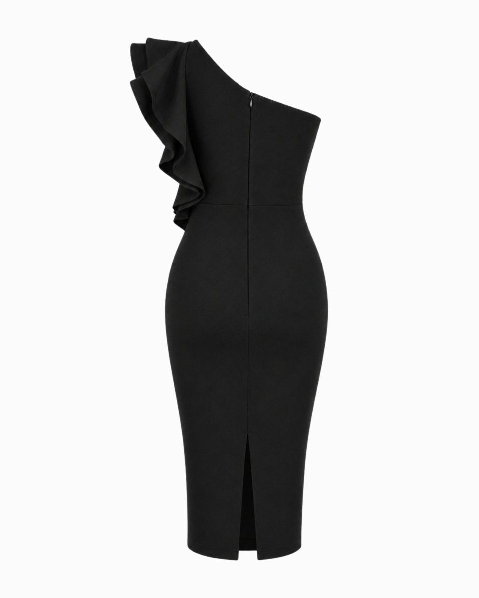 Back flat lay view of black stretch crepe midi dress with tailored back darts and hem slit.
