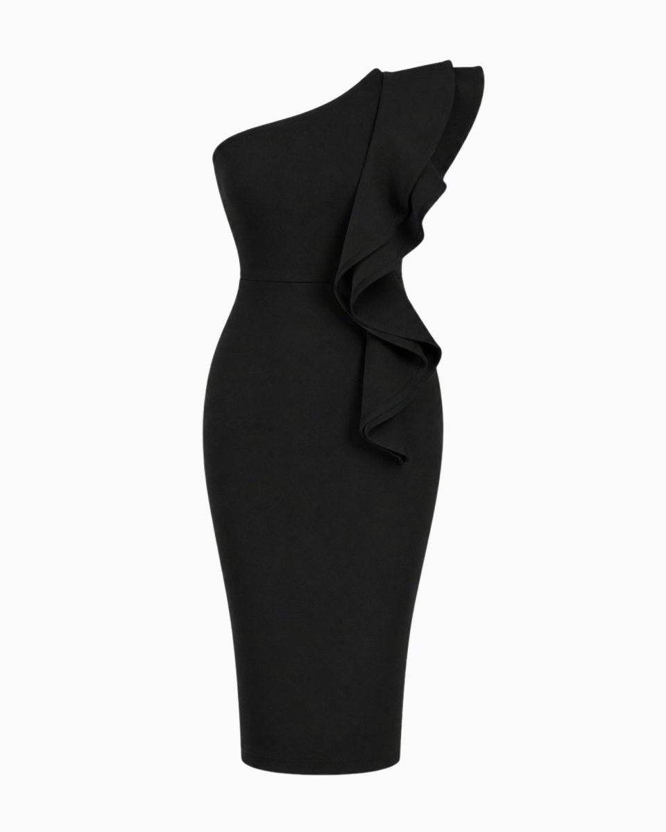 Flat lay of black one-shoulder midi dress highlighting cascading statement ruffle on the bodice.