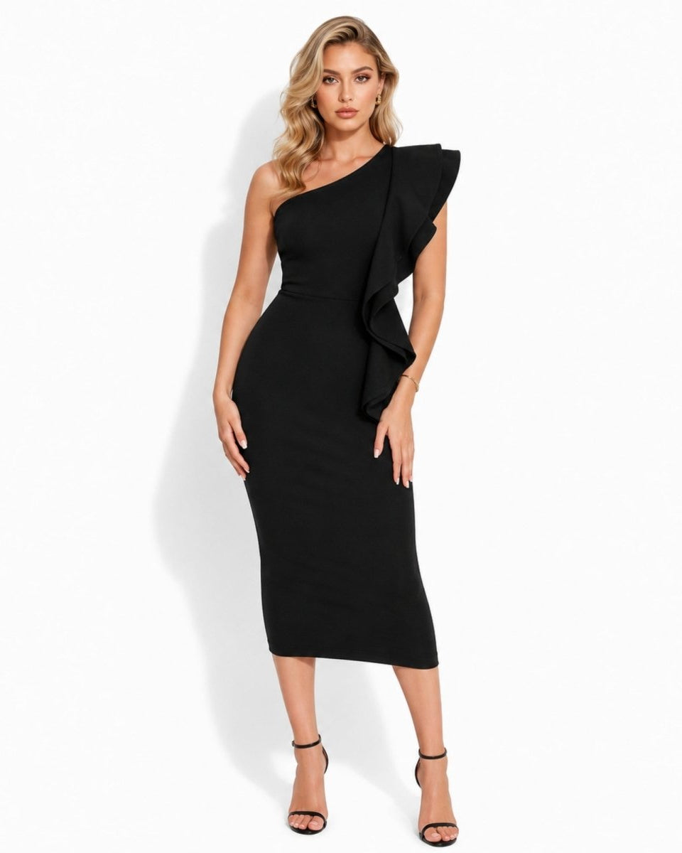 Woman wearing elegant black one-shoulder midi dress with dramatic front ruffle detail for cocktail parties.