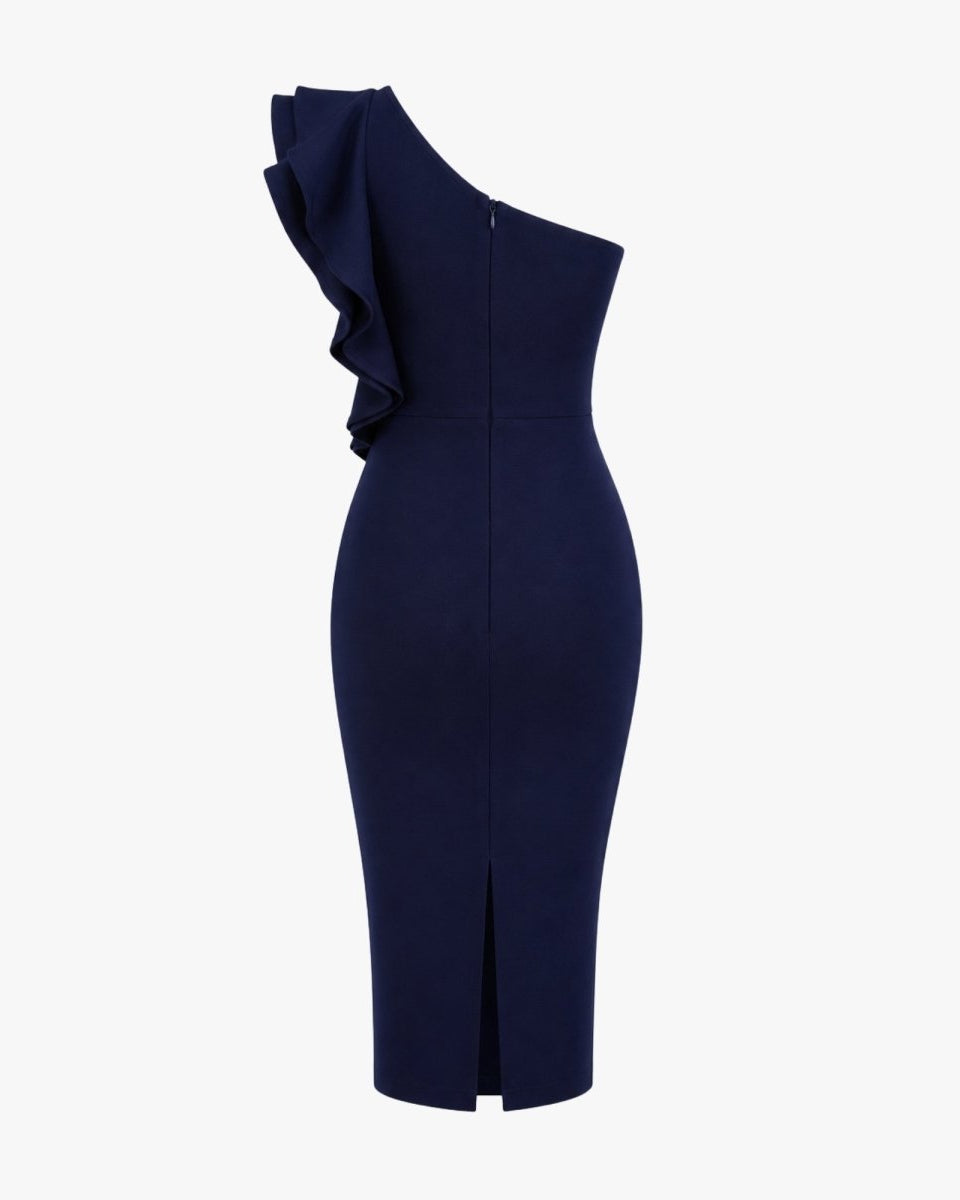 Clean back view of navy blue bodycon dress showing high-quality affordable luxury construction.