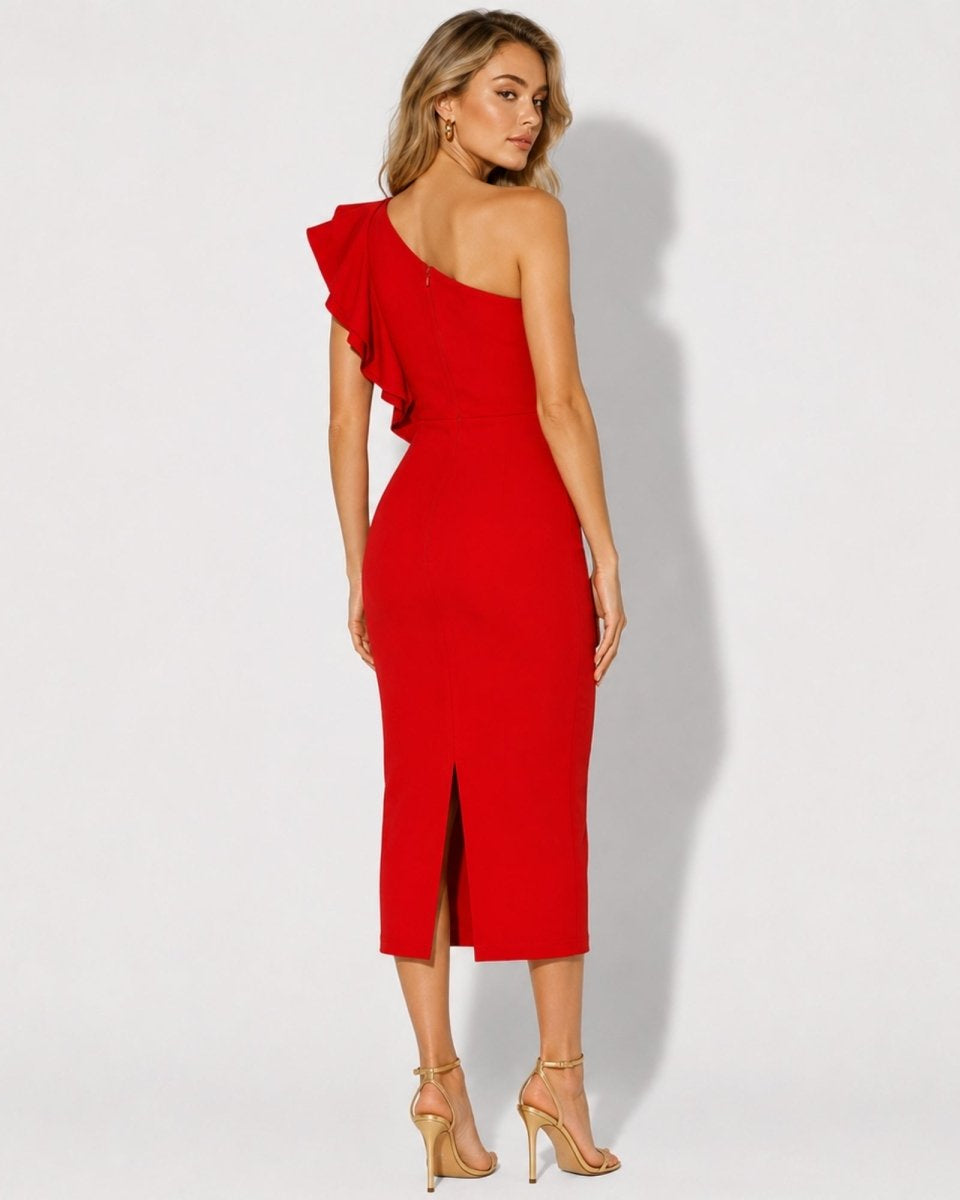 Back view of elegant red evening midi dress showcasing a tailored fit and sophisticated center back split.