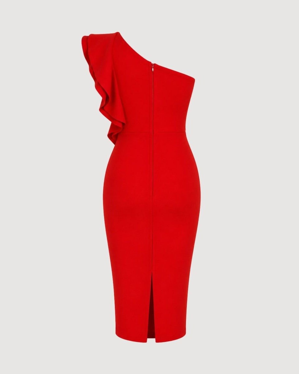 Back ghost mannequin view of red form-fitting event dress with invisible back zipper.