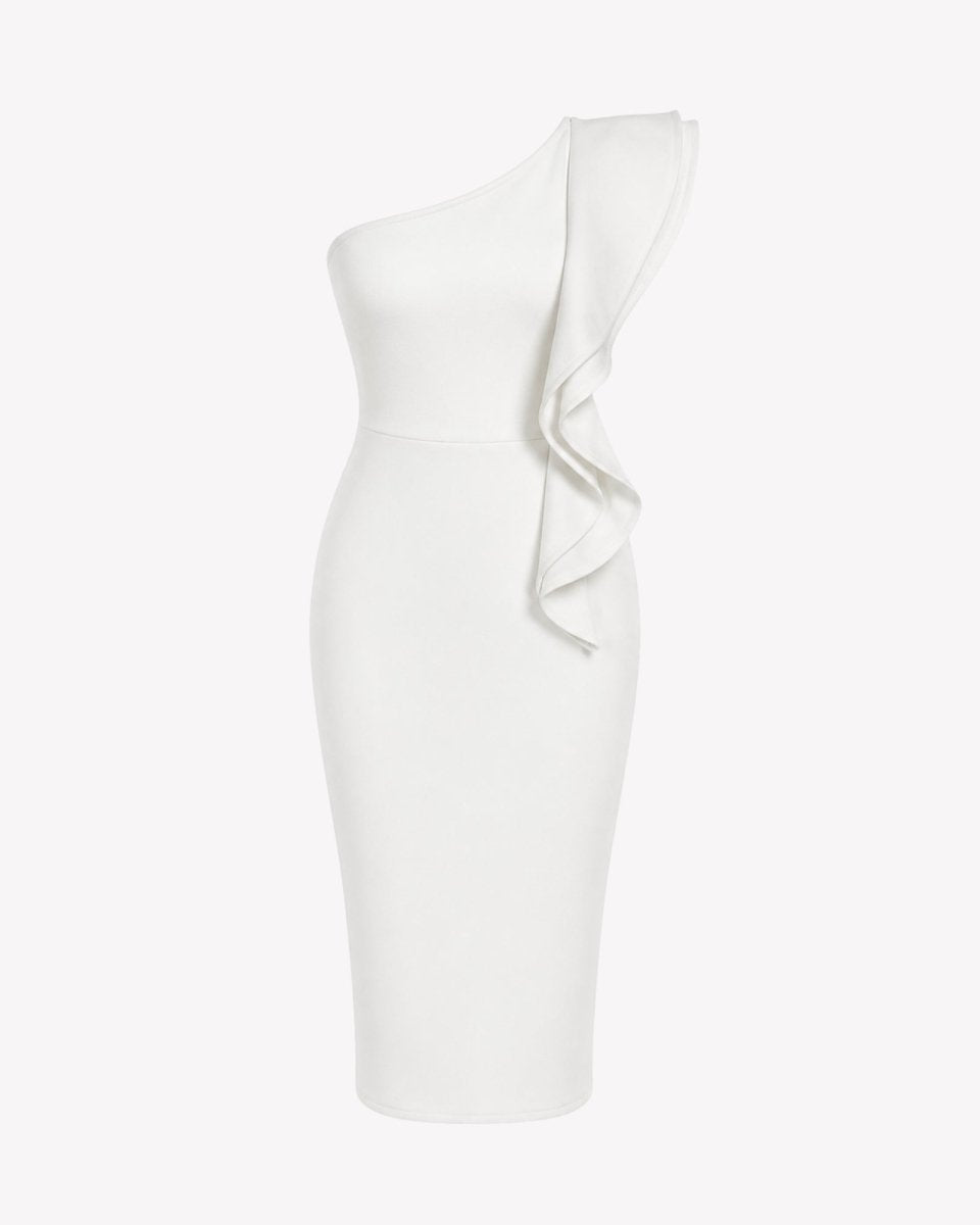 Studio shot of white one-shoulder dress emphasizing the beautiful draping of the front ruffle accent.