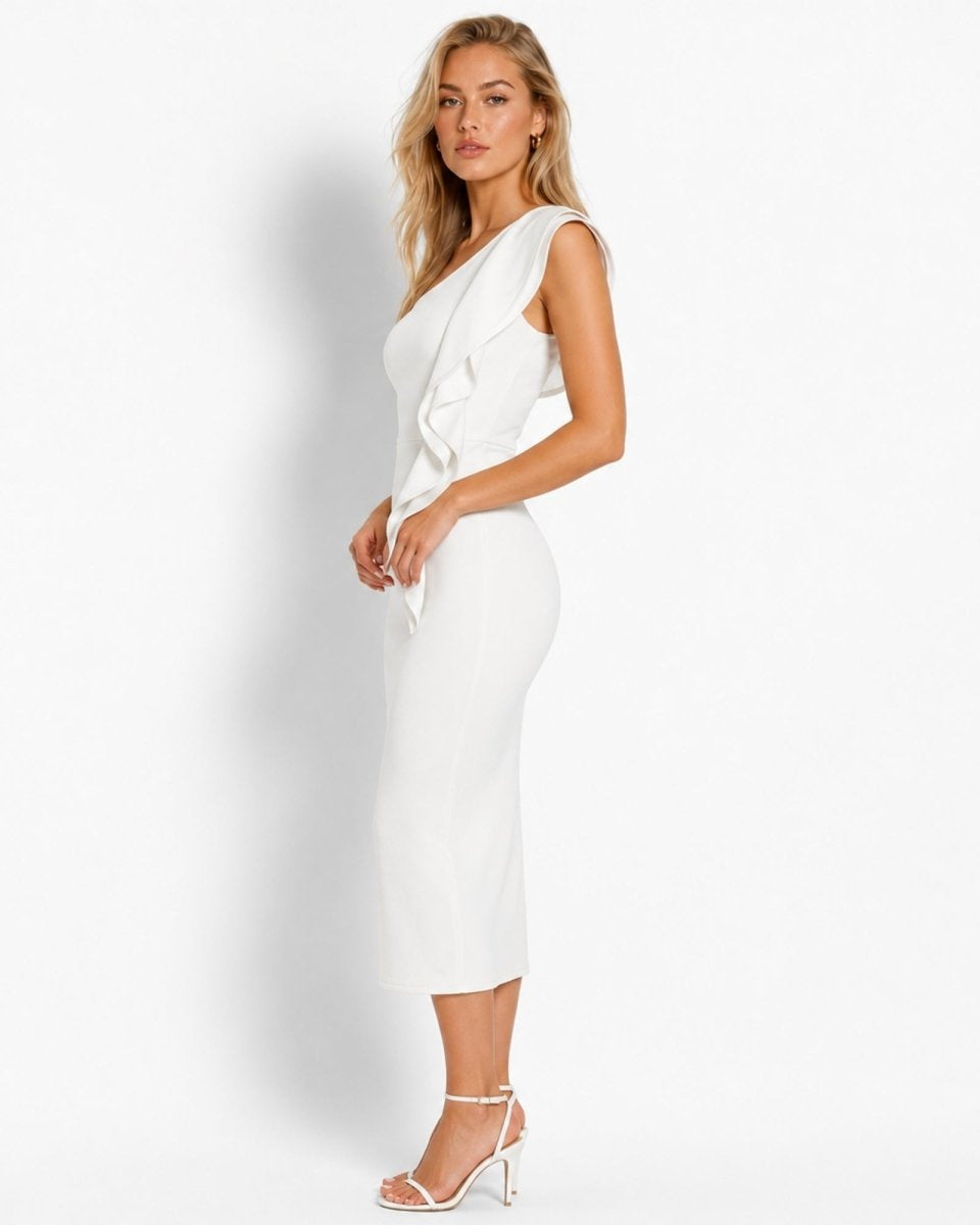 Side perspective of the crisp white asymmetrical event dress showcasing its sculpting, figure-flattering fit.